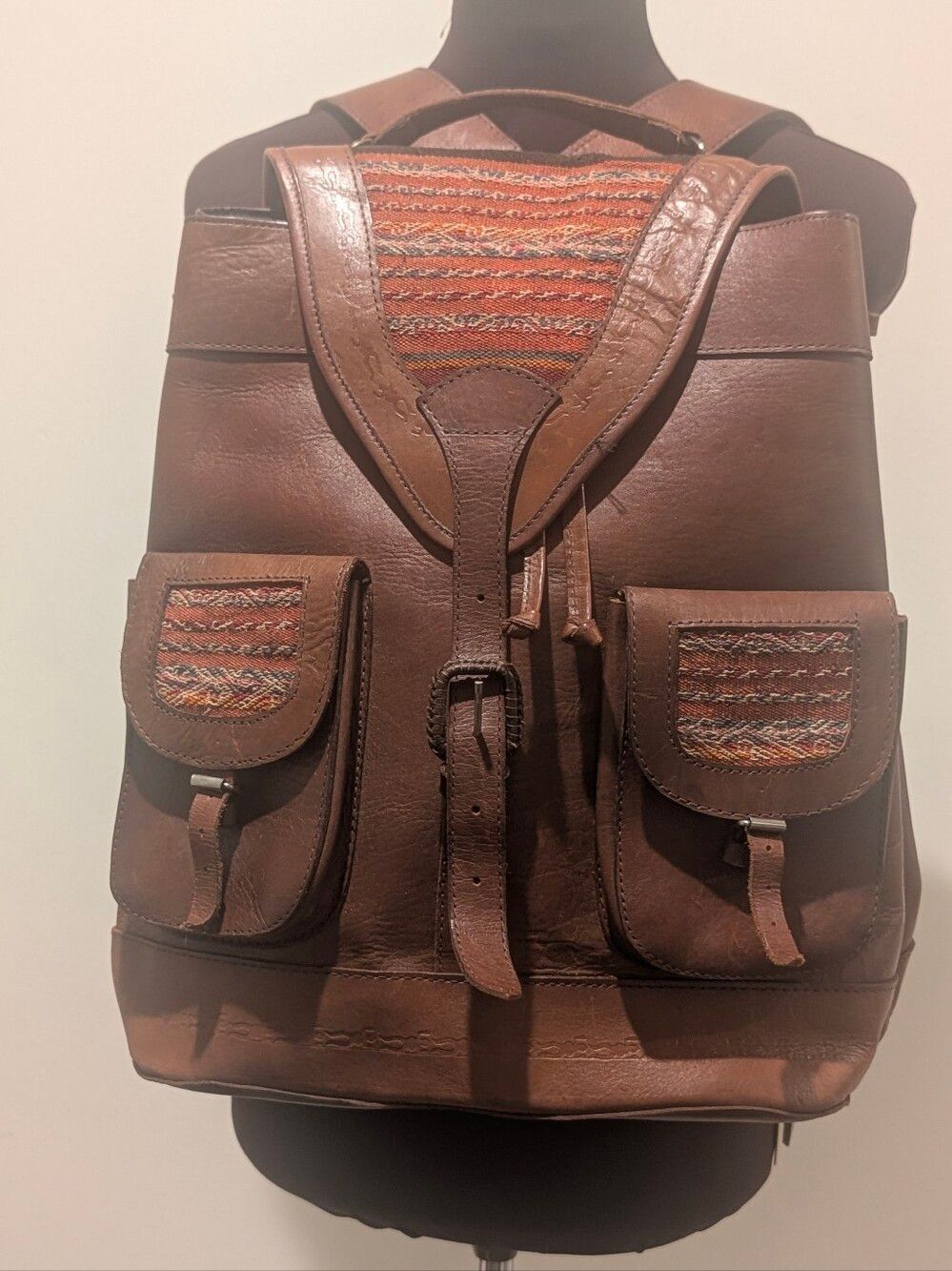 Peruvian Brown Leather Backpack with Woven Accent